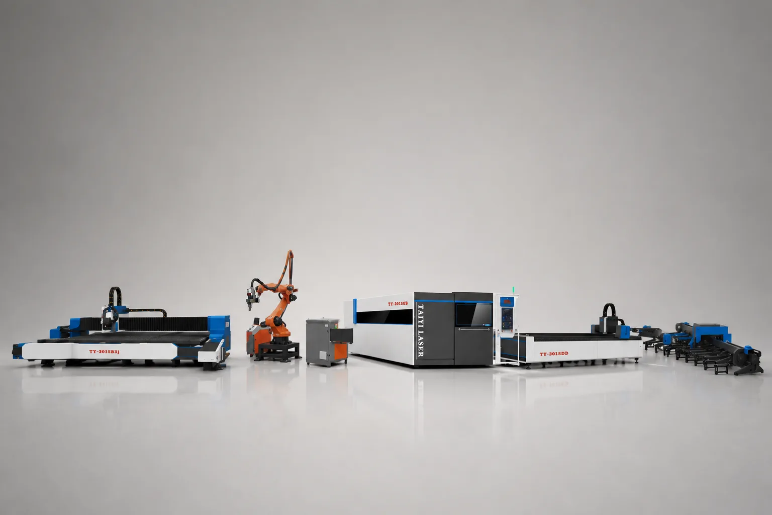 Fünf TAIYI-Maschinen nebeneinander: eine Bodenschienen-Laserschneidmaschine, eine Roboter-Laserschweißzelle, die geschlossene Faserlaser-Schneidmaschine TY-3015JB, die offene TY-3015DD und eine Drei-Futter-Laserrohrschneidmaschine