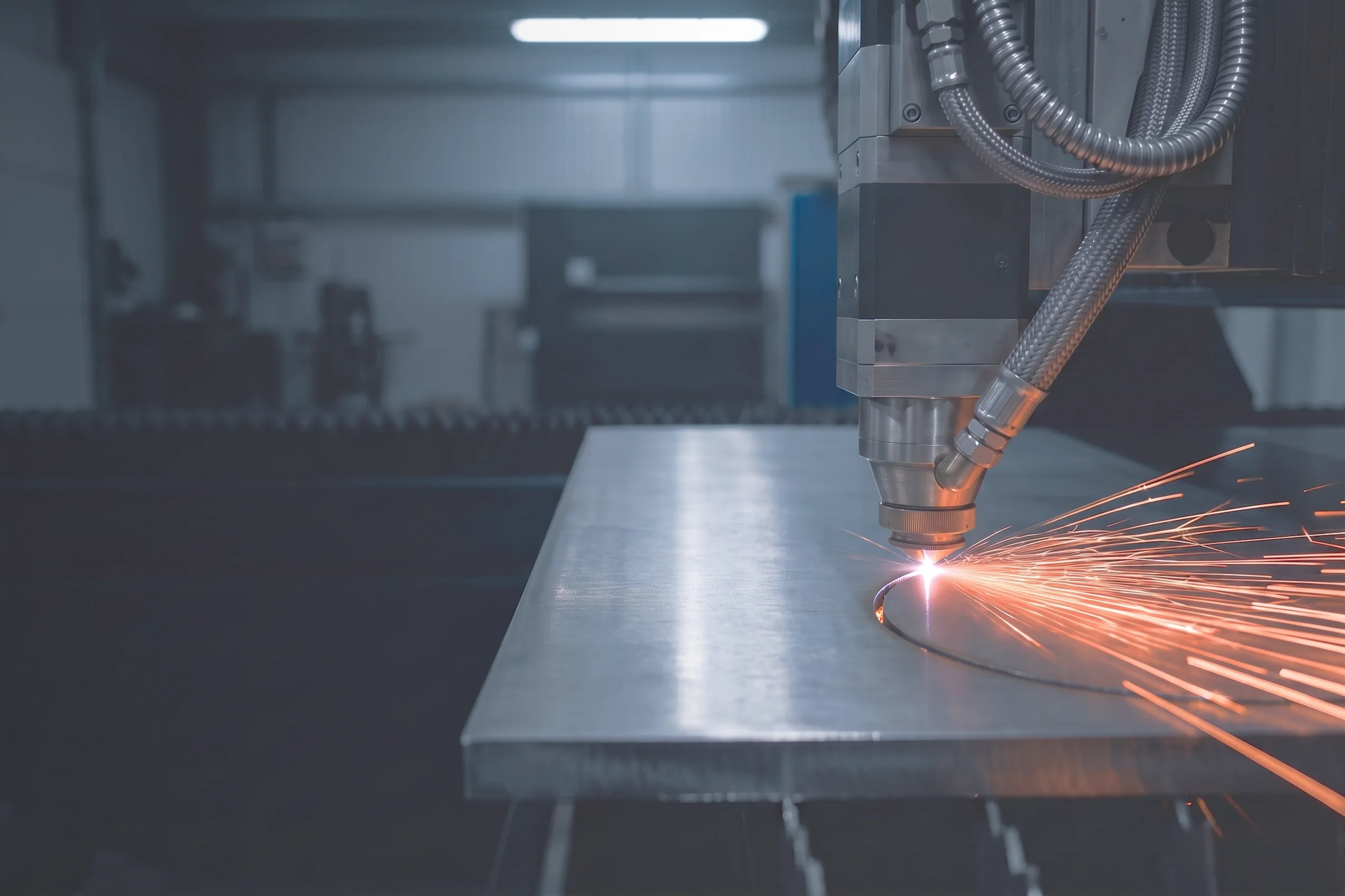 Ein Faserlaser-Schneidkopf schneidet eine Kontur in eine dicke Edelstahlplatte, mit einem Fächer orangefarbener Funken, die vom Schnittspalt ausgehen