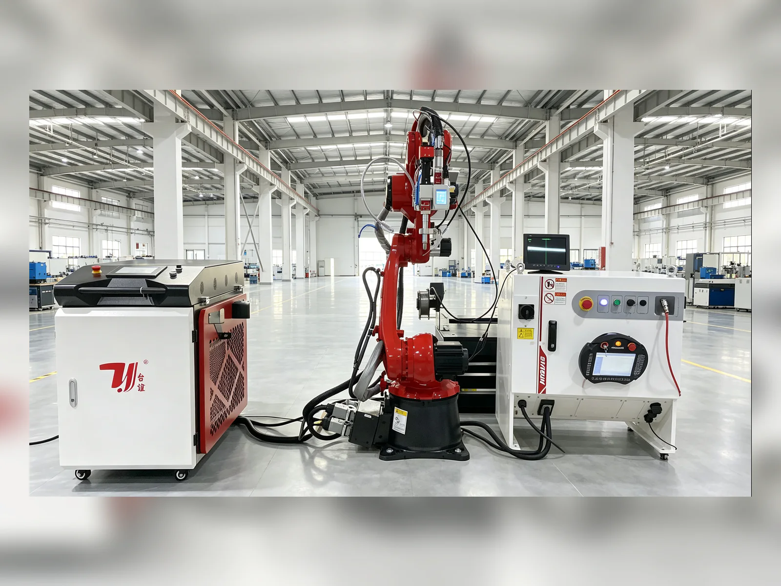 Sechsachsiger Roboter-Laserschweißarbeitsplatz in einer hellen Produktionshalle