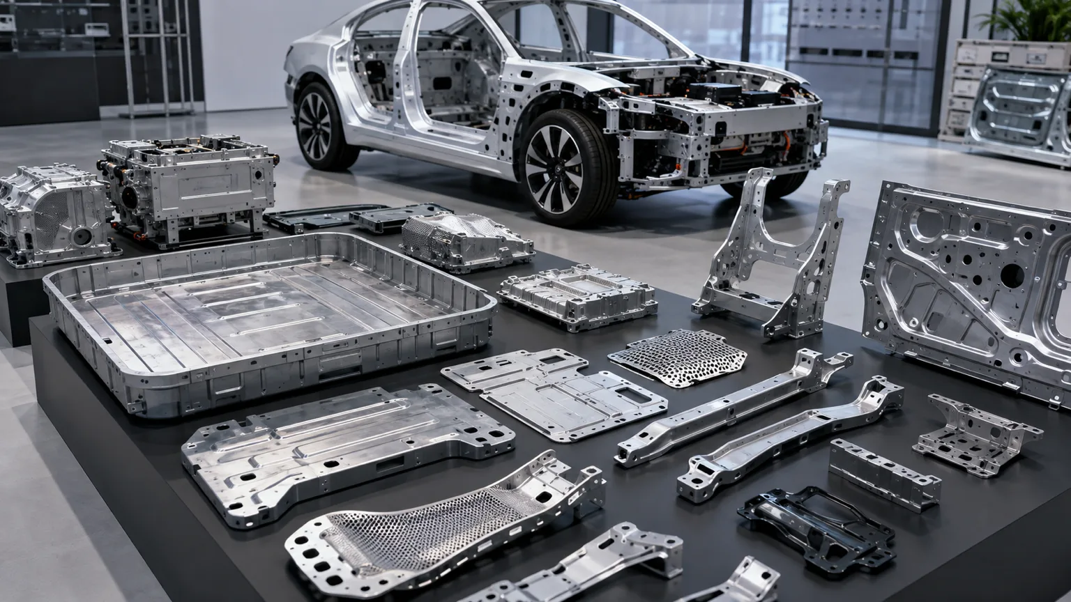 Fahrzeugkarosseriestruktur, Batteriewanne und Kfz-Metallkomponenten