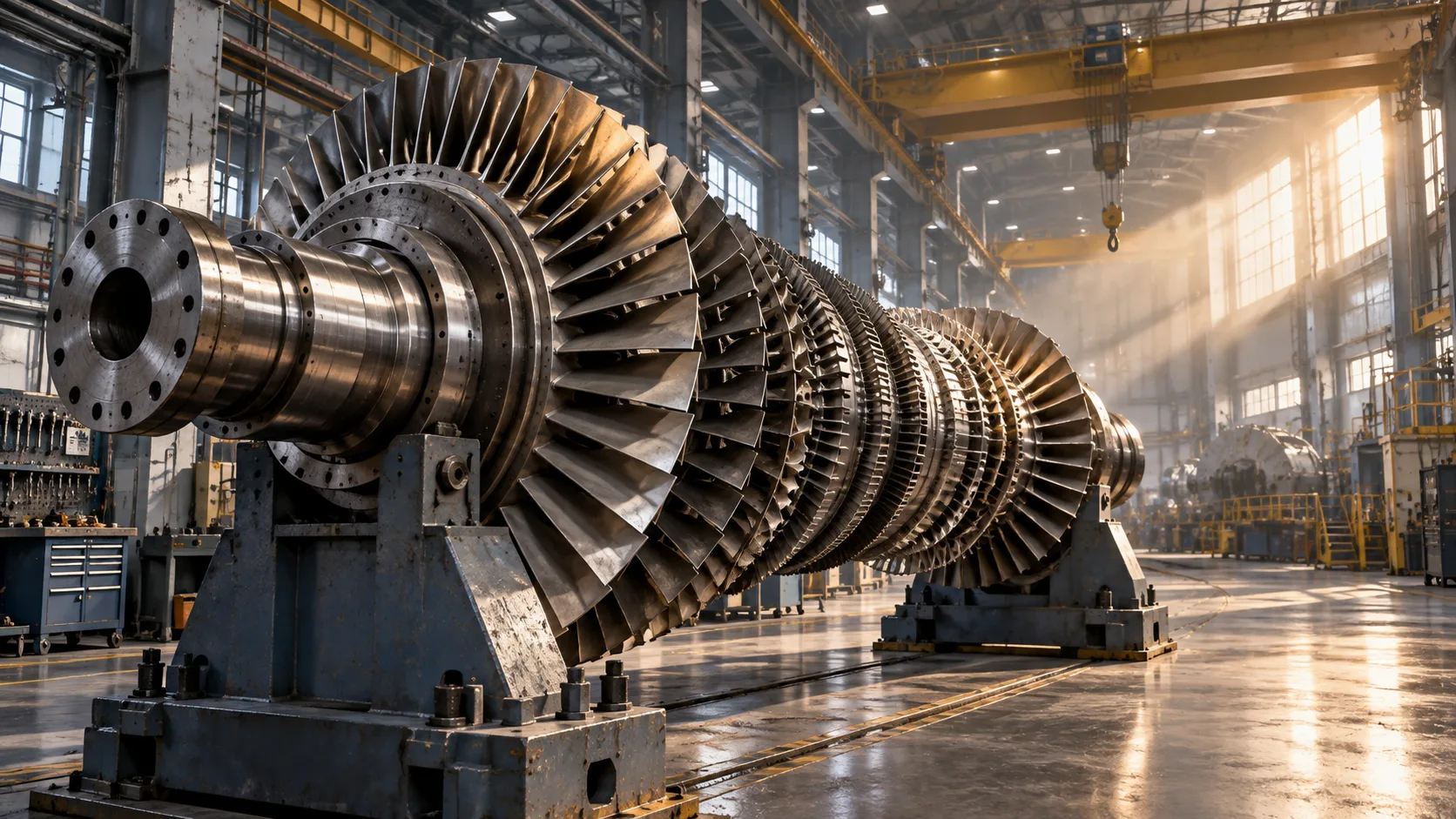 KI-Konzeptillustration eines großen Turbinenrotors in einer industriellen Wartungswerkstatt