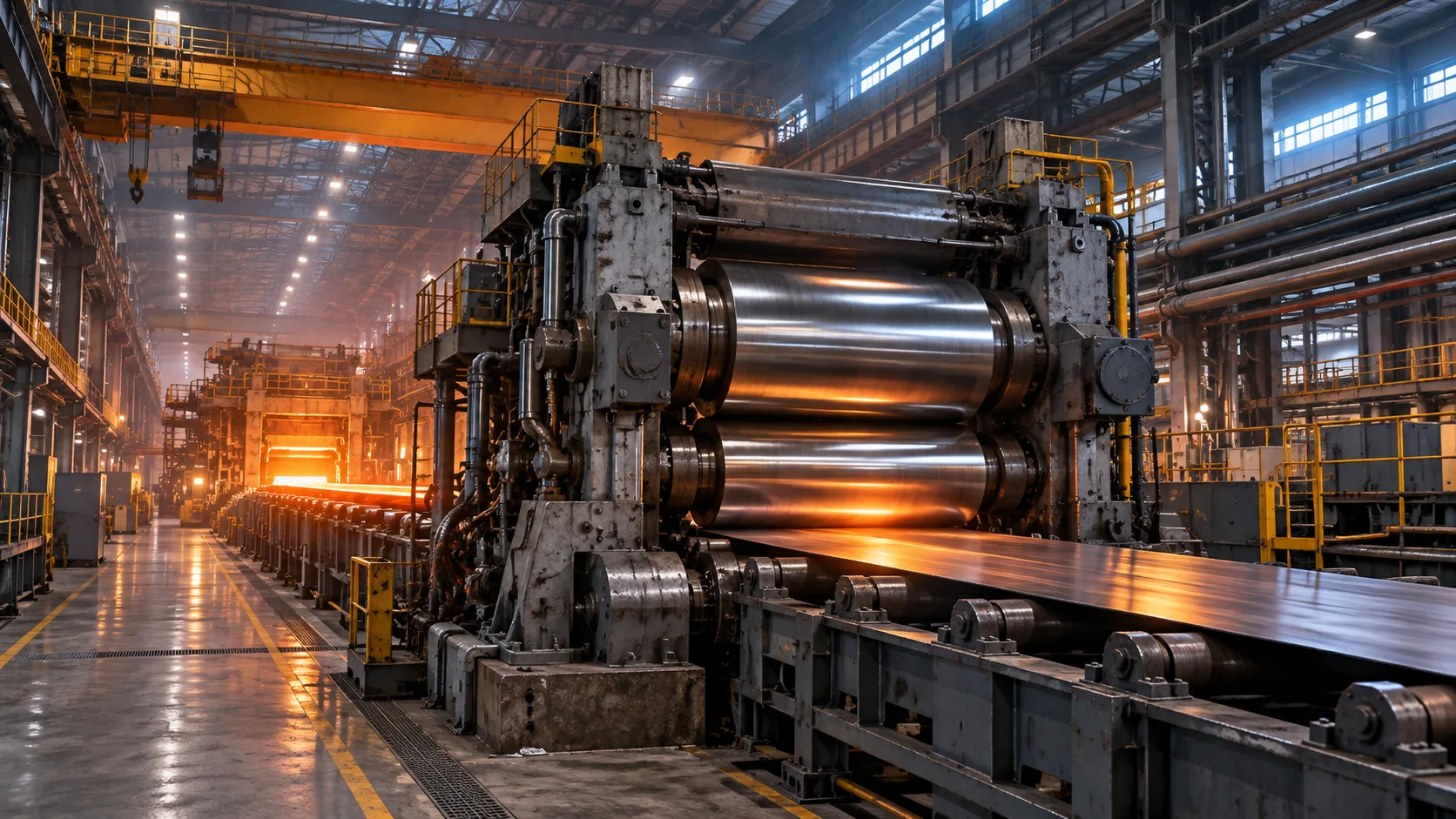 KI-Konzeptillustration von Industriewalzen in einem Stahlwalzwerk