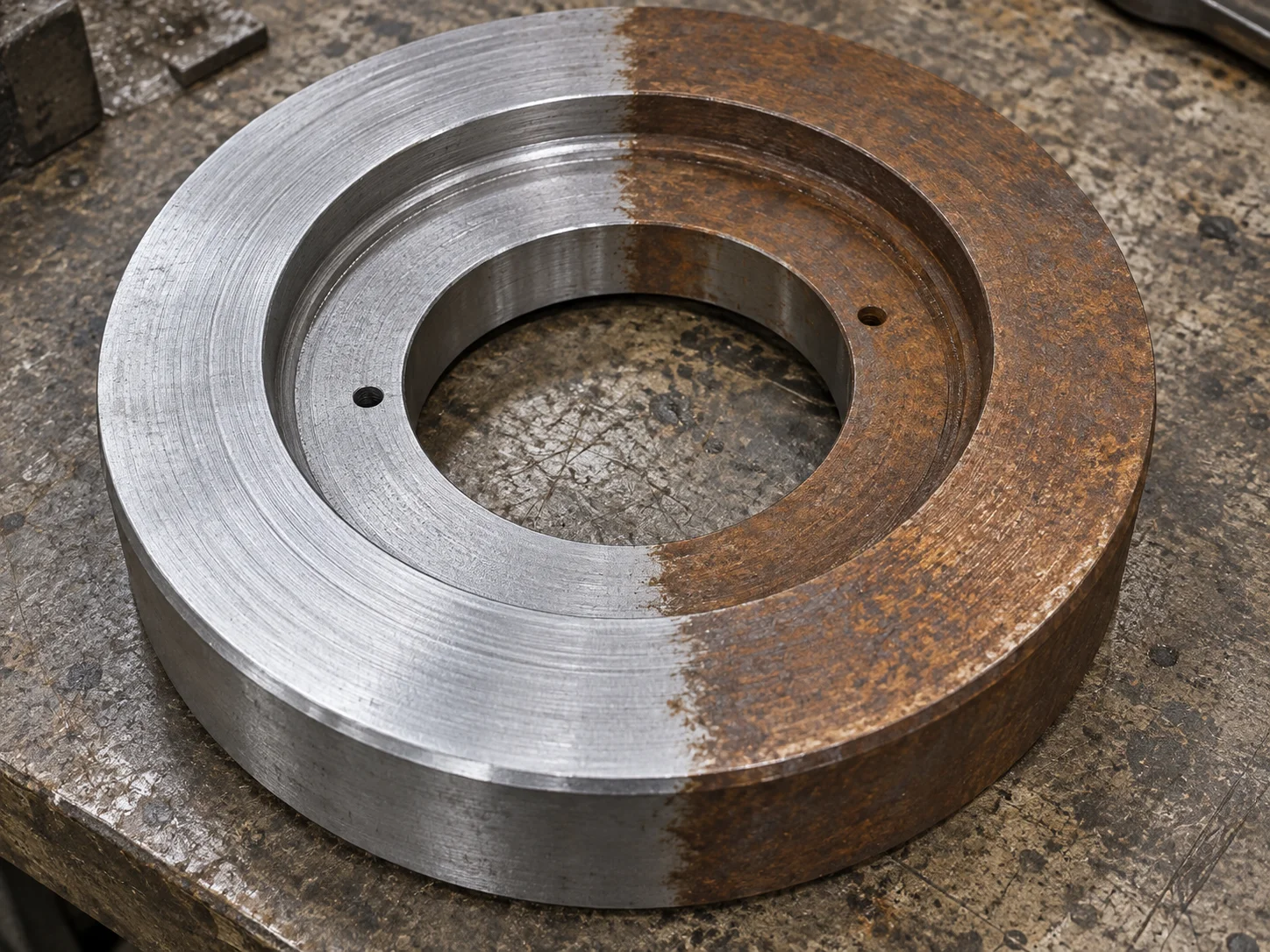 Abbildung eines Metallwerkzeugrings mit gereinigten und oxidierten Oberflächenbereichen