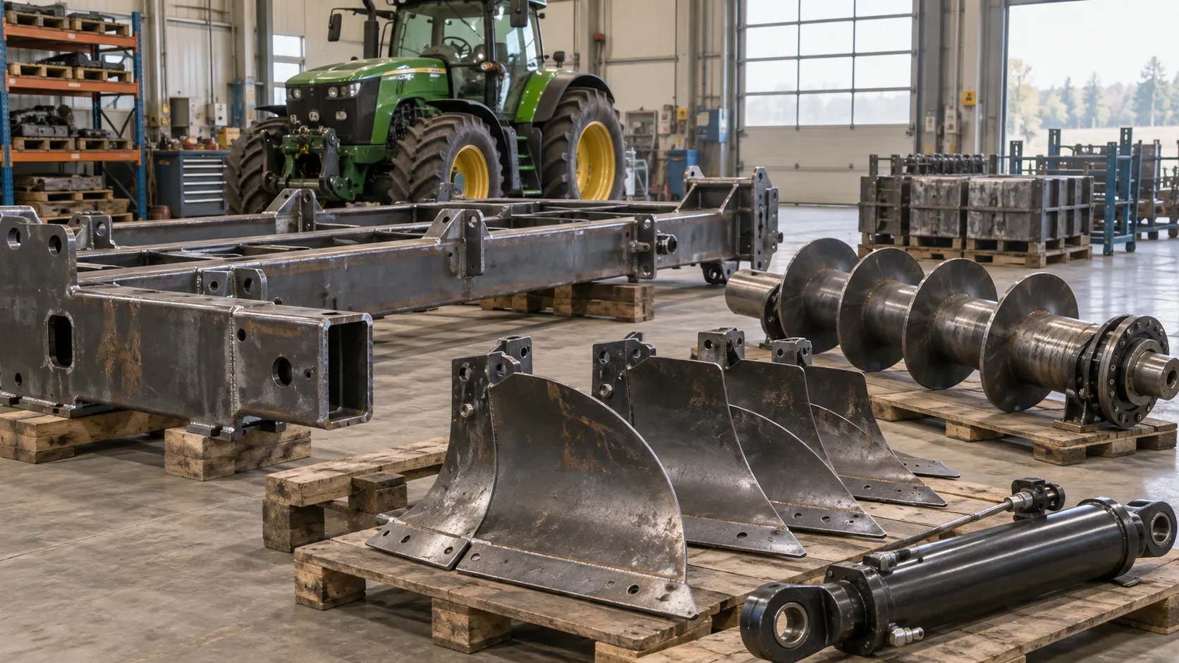 Landwirtschaftliches Fahrgestell, Pflugschare, Förderschnecke und Hydraulikzylinder in einer Werkstatt