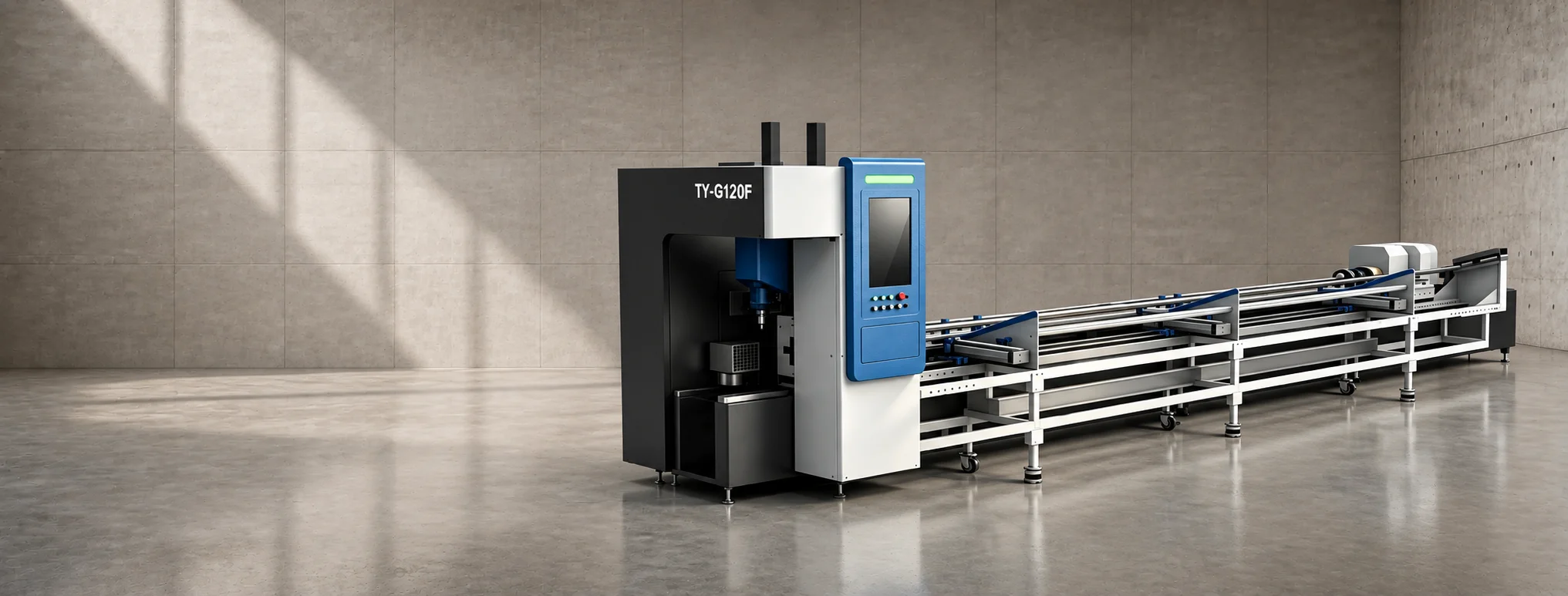 TY-G120F Laser-Rohrschneidmaschine mit Zuführgestell vor einem warmgrauen Betonstudiohintergrund