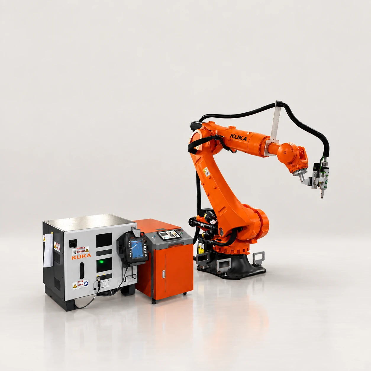 TY-QG5018 Roboter-Laserschneidmaschine mit orangefarbenem Sechs-Achsen-Arm und Schaltschränken