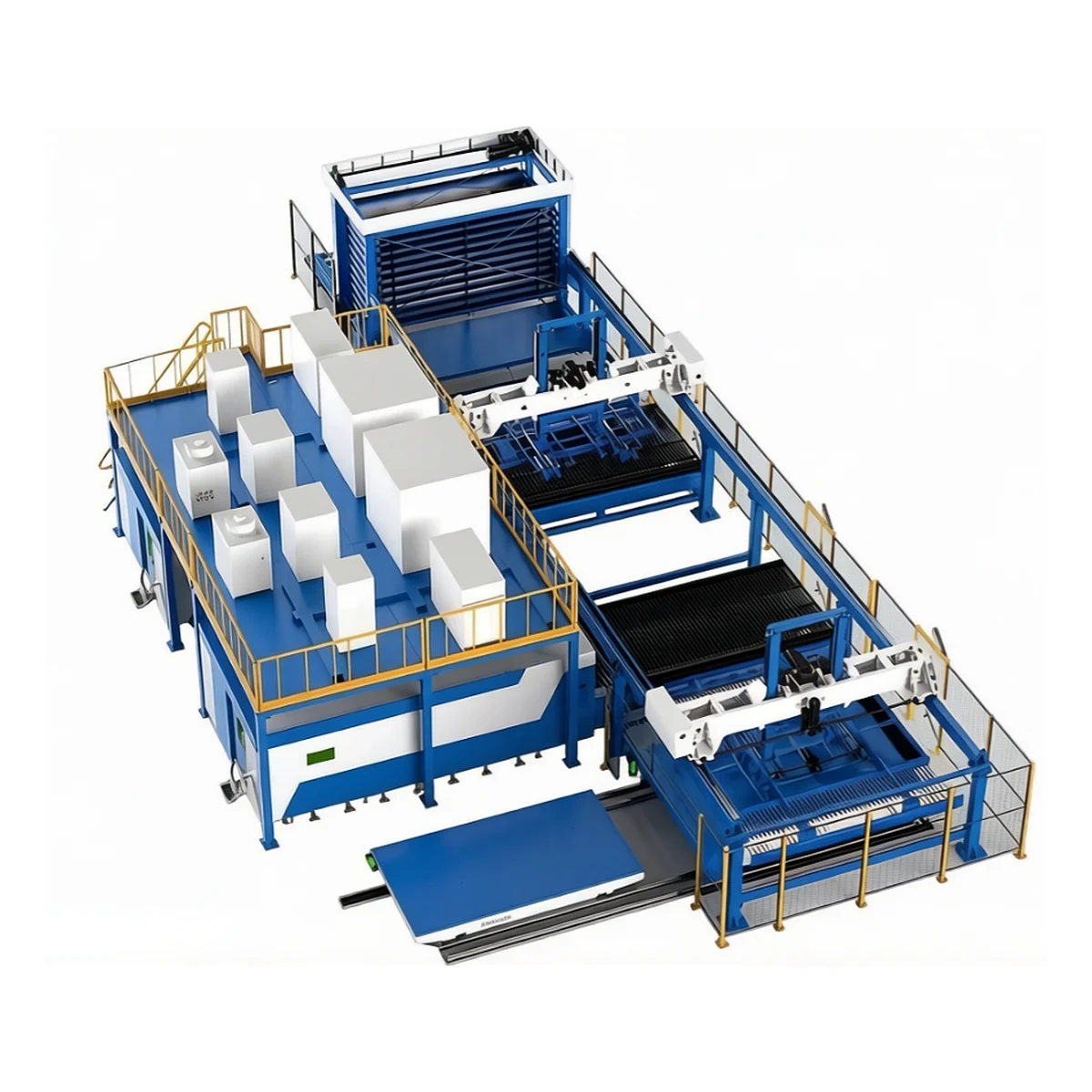 SM-series-02 automatisches Blechbe- und -entladesystem mit mehreren Laserschneidarbeitsplätzen und einem Blechlagerturm