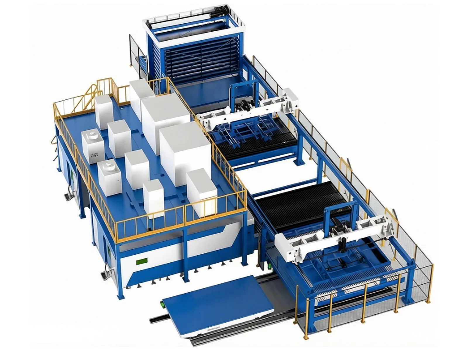 SM-series-02 automatisches Blechbe- und -entladesystem mit mehreren Laserschneidarbeitsplätzen und einem Blechlagerturm