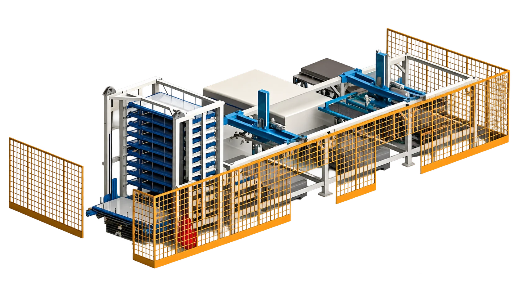 Hintergrundbereinigte Konzeptdarstellung eines SM-series-03 automatischen Blechlagerturms, der an eine Laserschneid-Produktionslinie angeschlossen ist