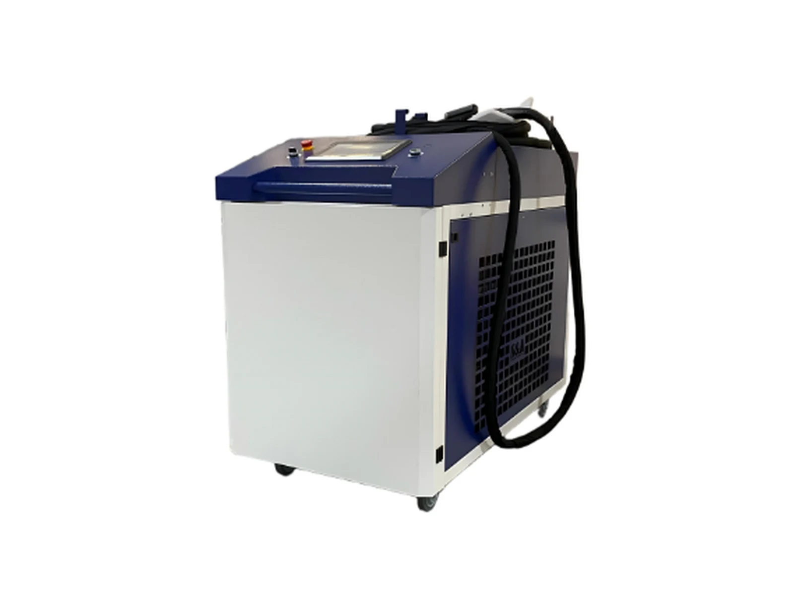TY-HS1022 blau-weiße wassergekühlte kontinuierliche Laserreinigungsmaschine mit Touchscreen, oberen Bedienelementen, Lüftungspanel, Spiralkabel und Lenkrollen