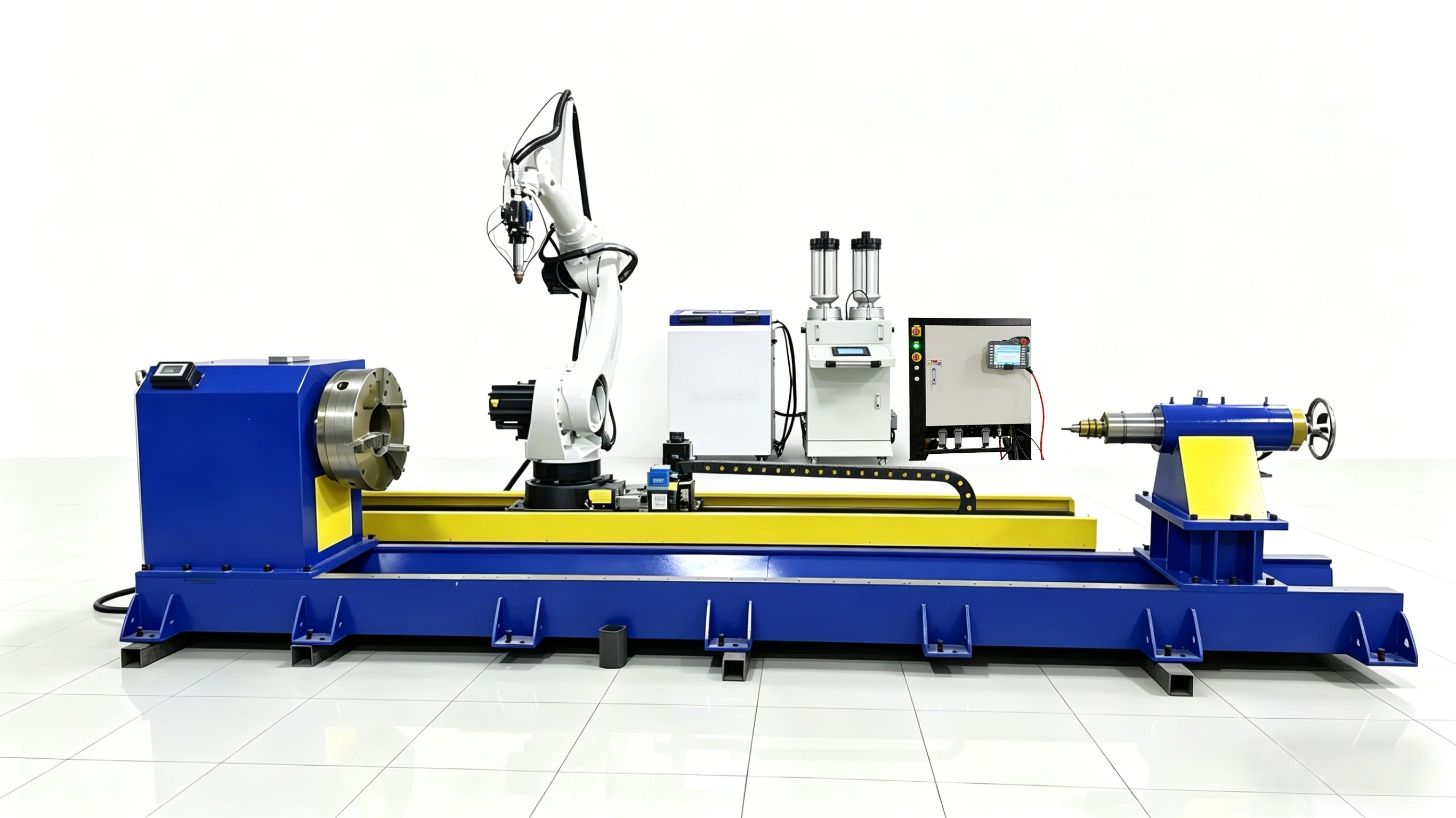 TY-RF5018 Innenwand-Laserauftragschweißmaschine mit weißem Roboter, blauer und gelber Linearführung und rotierender Werkstückspannung