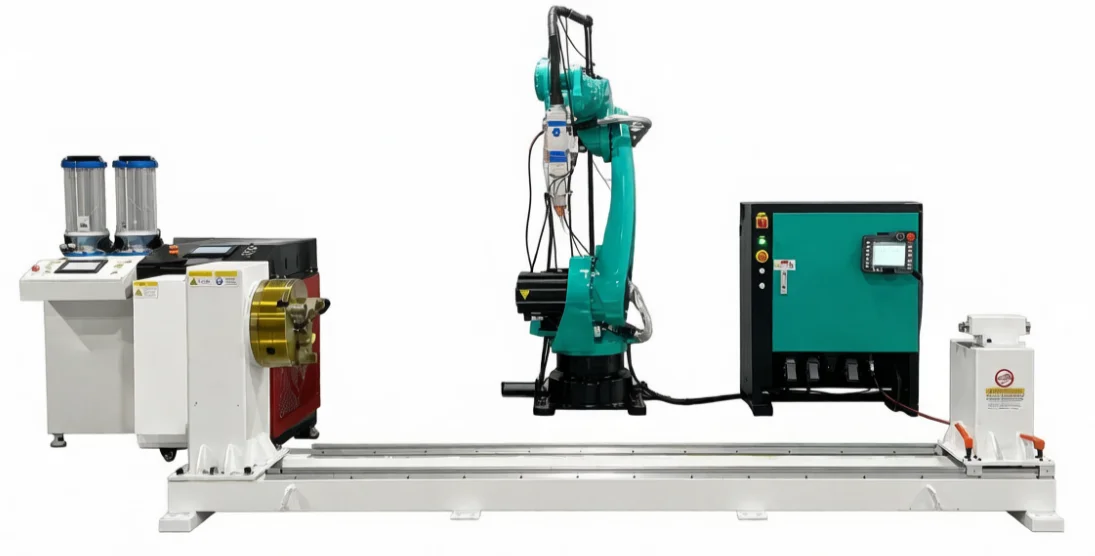 TY-RF5018 Roboter-Laserauftragsschweißarbeitsplatz mit grünem Roboter, Pulverförderer und Drehpositionierer