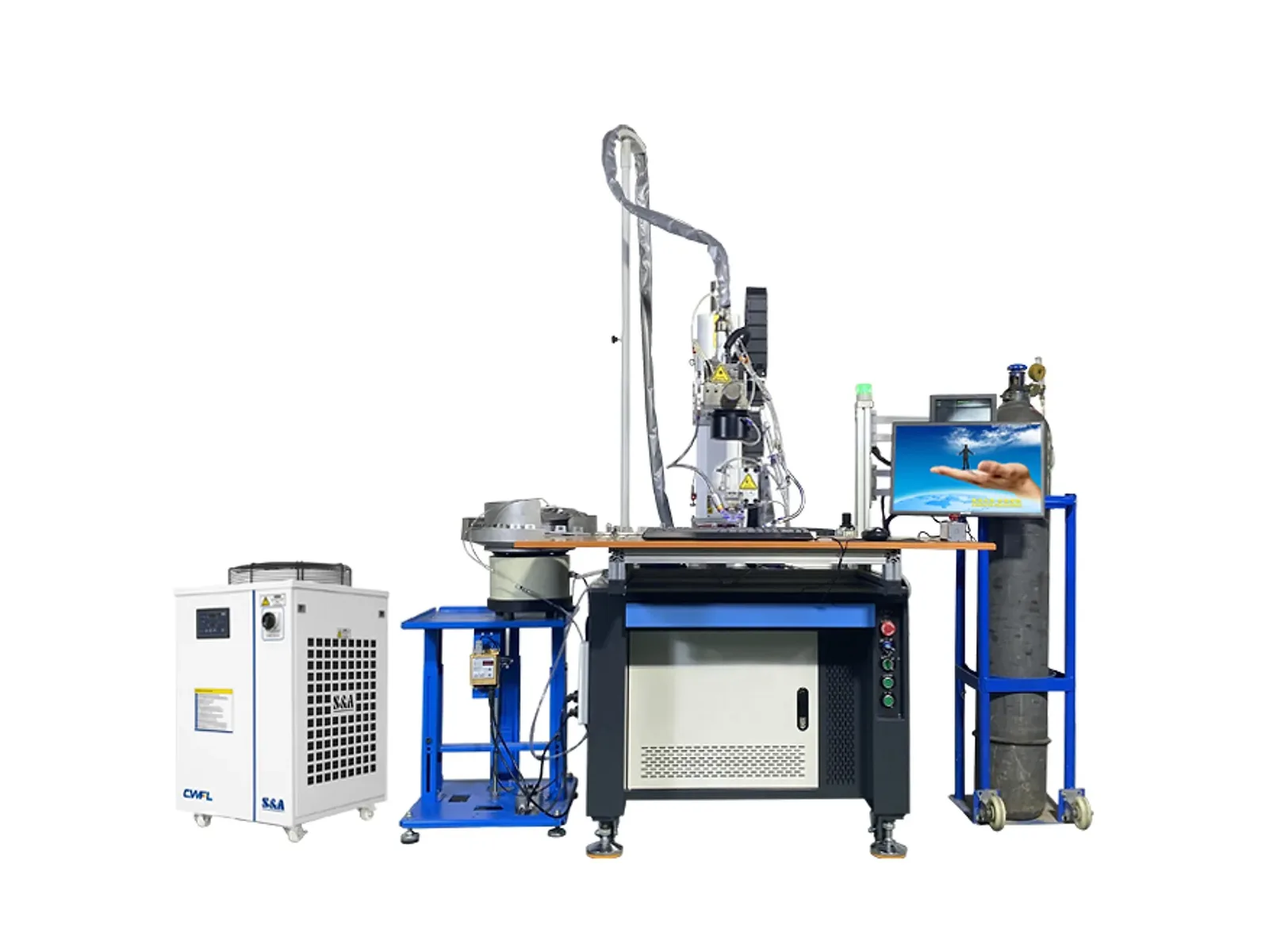 Spülbecken-Klammer-Laserschweißmaschine mit kreisförmiger Vorrichtung, Wasserkühler und Schutzgasflasche