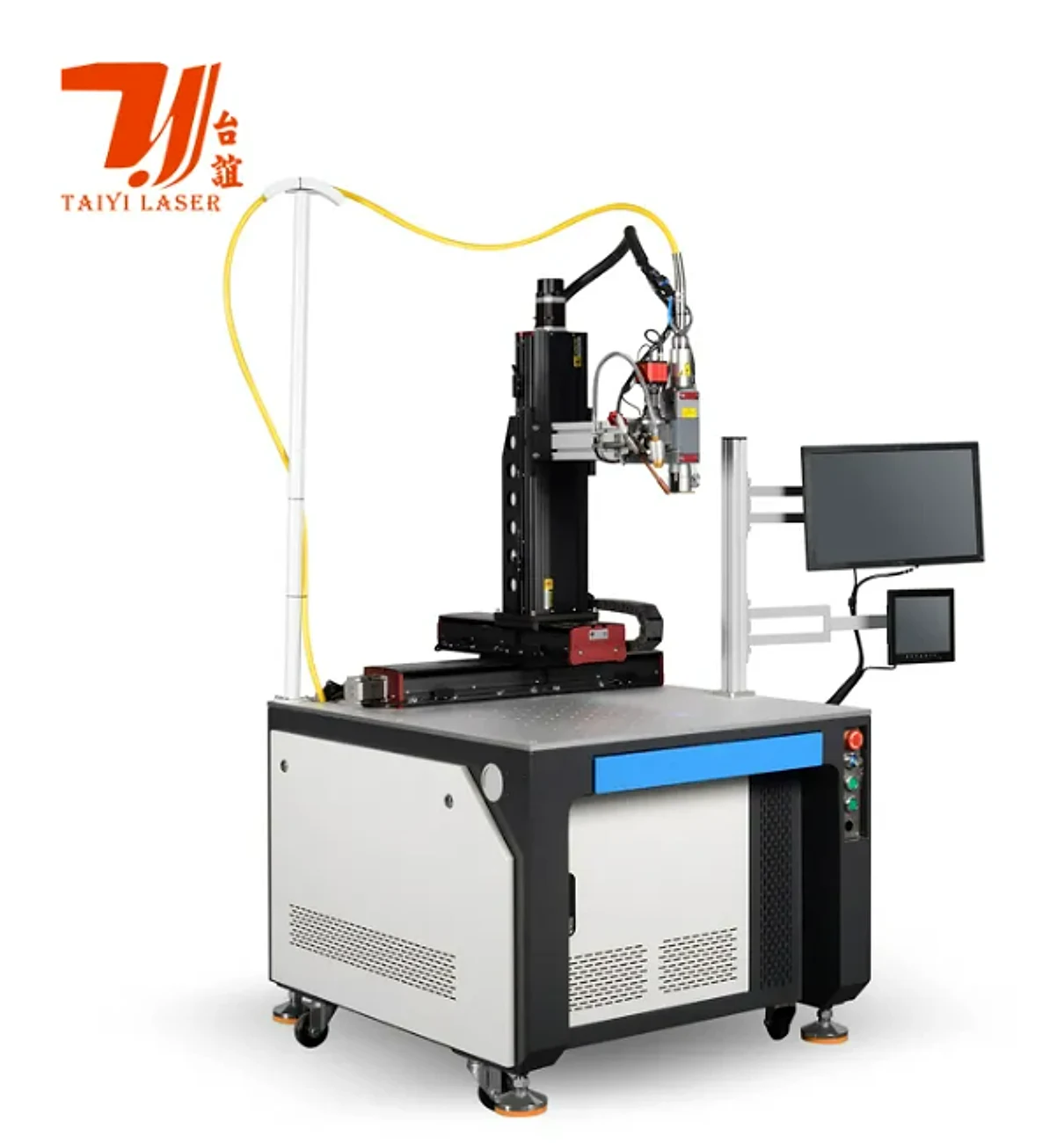 Vier-Achsen-Automatik-Laserschweißmaschine mit geschlossenem Sockel, Bewegungstisch und zwei Displays